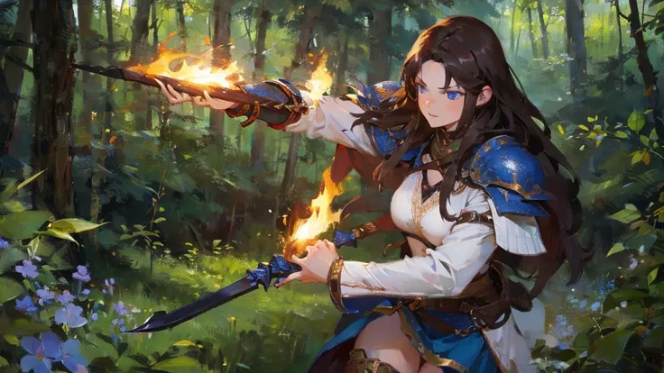 medium shot of a female warrior with fiery face, long dark hair, blue eyes, intense dark armour, wielding a spear, in a forest, moonshine, masterpiece, best quality, high quality, , photorealistic, extremely detailed, intricate, high detail.