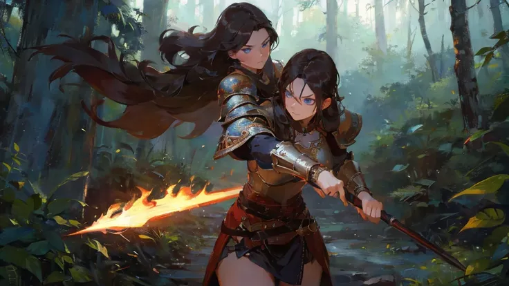 medium shot of a female warrior with fiery face, long dark hair, blue eyes, intense dark armour, wielding a spear, in a forest, moonshine, masterpiece, best quality, high quality, , photorealistic, extremely detailed, intricate, high detail.