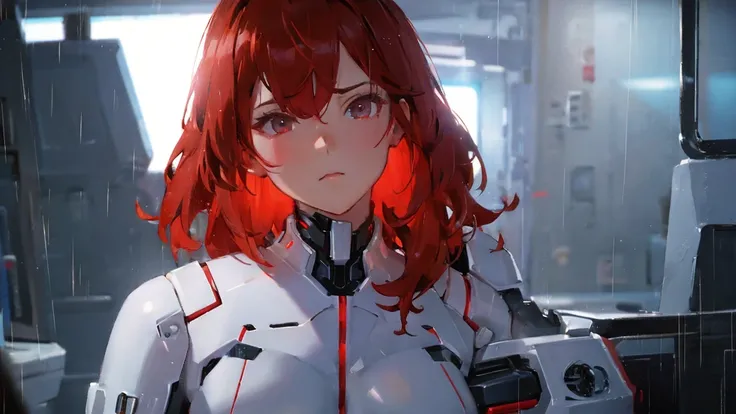 medium-shot angle, cyborg lady, wavy red hair, white suit, heavy rain, beautiful anamorphic lights, cinematic light, masterpiece, 8k.