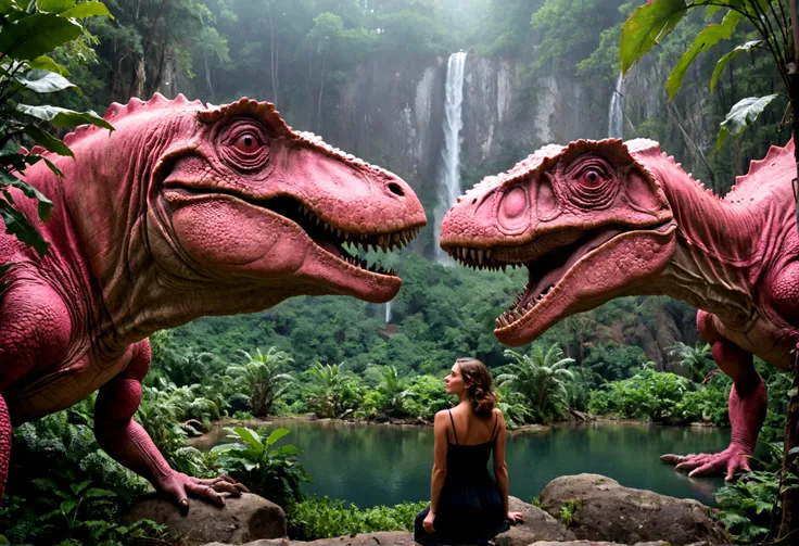 une sublime femme au visage raffinée et son ami dinosaure rose, beaux gémeaux, humaine et dinosaure rose,  plan large, paysage i...