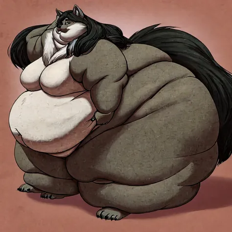 Wolf, female, long hair, huge belly, morbidly obese, fat arms, fat legs, saggy breasts, belly overhang, fat calves,fat neck, chubby cheeks, double chin, corpulent, massive body, gorgeous, beautiful, eyelashes,fat body, corpulent 