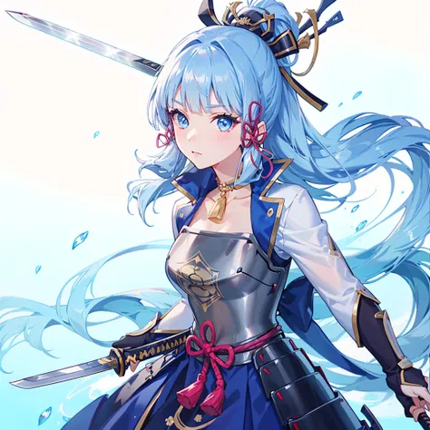 view the viewer, 1 girl,  highest quality, blue hair, blue eyes, japanese style armor, sword in hand, electricity, kamisato ayak...