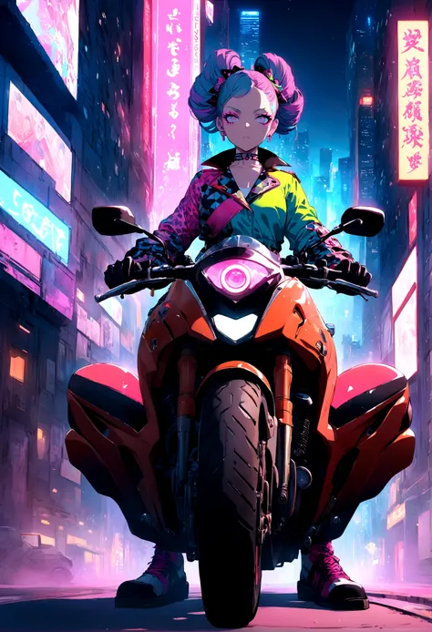 masterpiece, best quality, Confident cyberpunk girl, full body shot, ((standing in front of motorcycle)), Harajuku-inspired pop outfit, bold colors and patterns, eye-catching accessories, trendy and innovative hairstyle, vibrant makeup, Cyberpunk dazzling ...