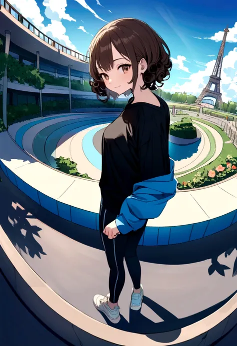 A fearless young skater dominates the street skate park with her skill and style. Posing for a photo, the fisheye lens perspective captures the entire scene in an immersive and dynamic way. Inspired by the illustrated art of Rossdraws, she has curly dark b...