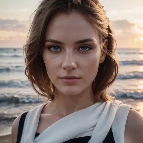 an icelandic woman with beautiful detailed eyes, beautiful detailed lips, extremely detailed face and skin, pale skin, 23 years old, standing on a beach at sunset in iceland, wearing a stylish white wool tanktop and black skirt, long eyelashes, good anatom...