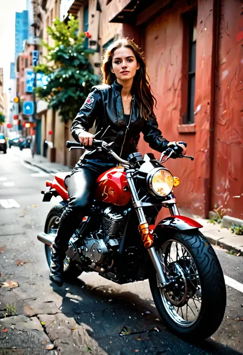 Highest image quality, outstanding details, ultra-high resolution, (realism: 1.4), the best illustration, favor details, highly condensed,girl,with a delicate and beautiful face, dressed in a black,, holding a directional controller, riding on a motorcycle...