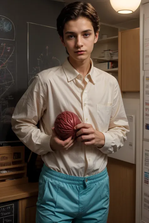 A beautiful young male twink, cute, with black hair and a face with reddish make-up. He wears a bright white long-sleeved shirt and aqua blue pants. He is in his office, and behind him is a blackboard on which is written the shape of the brain and its anat...