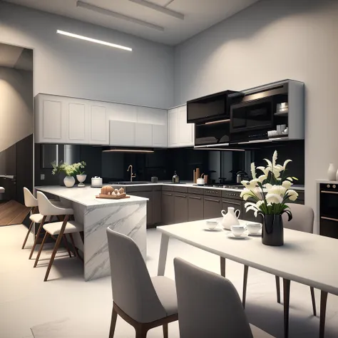 White gray kitchen, luxury, artistic rendering, excellent 3D rendering, Archviz, exquisite details, high quality 3D rendering, high quality 3D rendering, award winning rendering, rendering in scene, accurate architectural rendering, 3d rendering, 3d render...