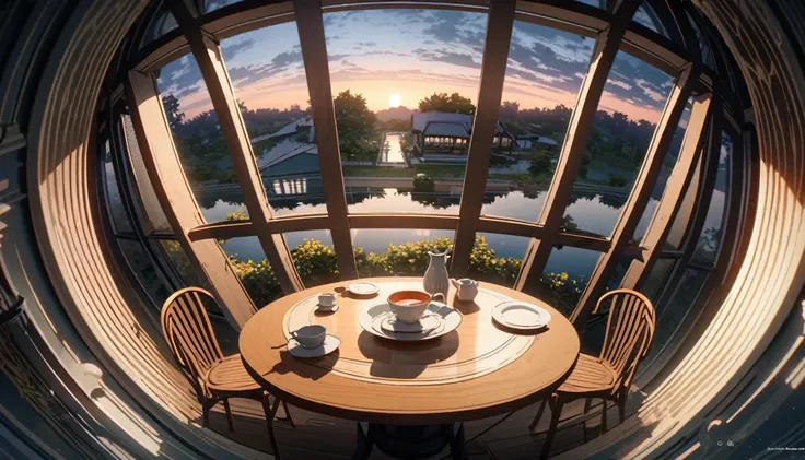 anime aestetics, dusk inside of a summer house, a round table, two cups of tea on the table, dim light, calm atmosphere, sad atmosphere, beautiful architecture, a beautifl apple garden on the background, perspective, atmospheric perspective, wide shot, hig...