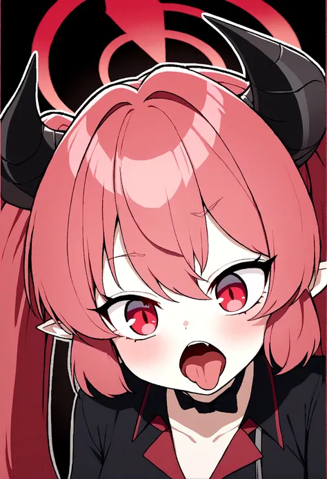 junko (blue archive),ribbon, hair between eyes, twintails, very long hair, red hair, horns, pointy ears, red eyes, black ribbon, halo, demon horns, demon wings , junko (blue archive), open mouth, tongue out, face focus,