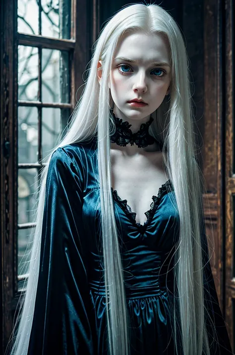 A woman with long white hair and blue eyes ,pale skin,expression of sadness ,black victorian dress ,open neckline,long breasts,in a dark horror environment