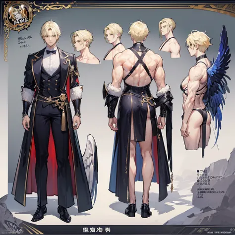 (Masterpiece, best quality), detailed, 1 man, ((character concept art)), ((character design sheet, same character, front, side, back)), full body, body complete, 1 Male angel, 1 Man angel, Detailed face, character design sheet，full bodyesbian, Highly detai...