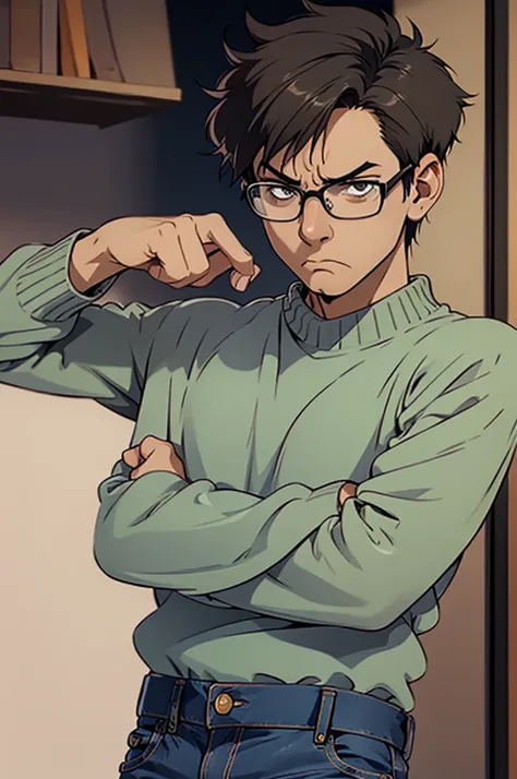 (best quality) (detail), 1 guy , angry face, sweater, glasses, jeans, short hair, photography, pose.