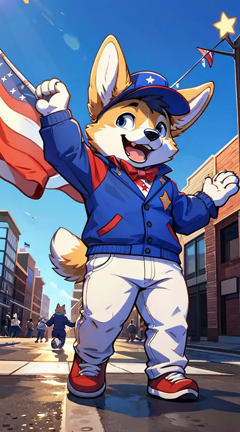 a full body, anthropomorphic In the center of a white background, a cartoon Corgi dog is joyfully waving an American flag. The corgi is anthropomorphized with arms and legs, standing on its hind legs to hold the flag aloft. Its wearing a blue jacket adorne...