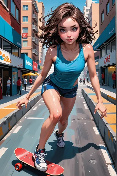 fine art digital painting, modern urban street in a wonderful fantasy metropolis at the beginning of reality, A fearless young skater dominates the street skate park with her skill and style. posing fror a picture, The fisheye lens perspective captures the...