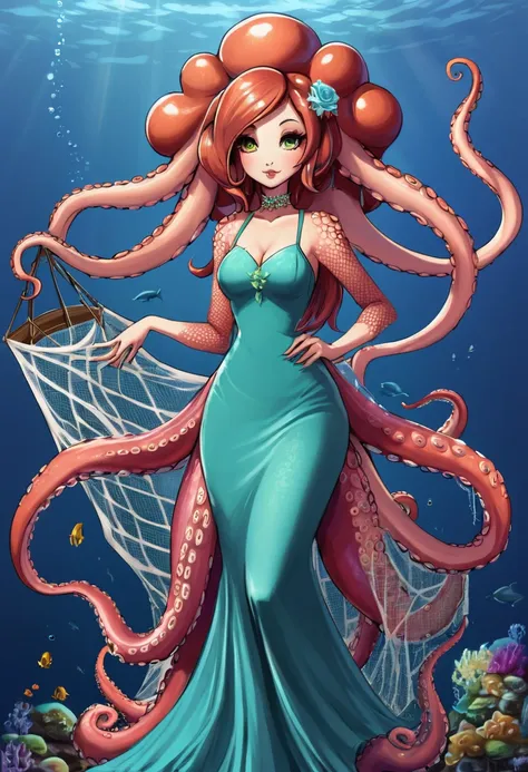 octogirl, a beautiful octopus women hybrid. long limbs, tentacles for hair. wearing a dress made of fishing nets.