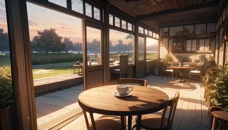 anime aestetics, dusk inside of a summer house, a round table, two cups of tea on the table, dim light, calm atmosphere, sad atmosphere, beautiful architecture, a beautifl apple garden on the background, perspective, atmospheric perspective, wide shot, hig...