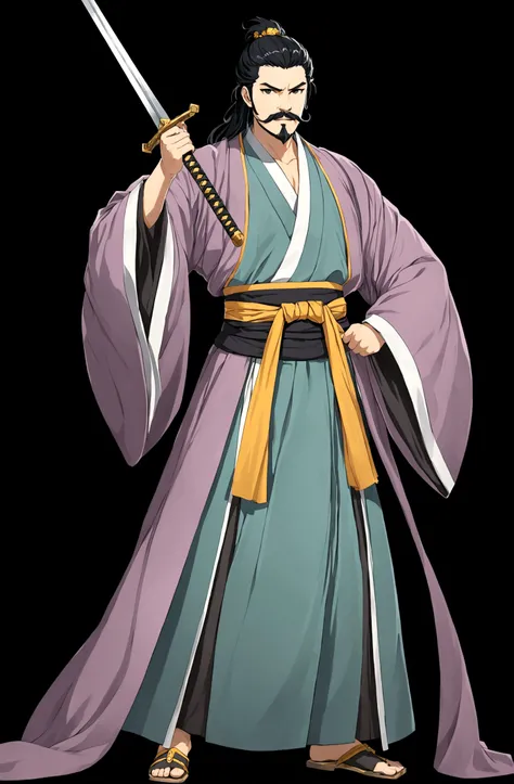 solo, looking at viewer, simple background, black hair, long hair,1boy, holding, standing, full body, weapon, male focus, hanfu, sword, holding weapon, black eyes, sash, facial hair, holding sword, black background, beard, mustache