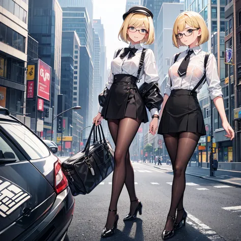 high quality，Short Bob，Glasses，Blonde，shirt，Black Mini Skirt，Heel，black tights，Small breasts，Nipples erect in the city