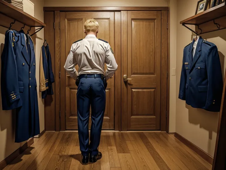 a handsome blond guy, 17 years old, looks at the ceremonial officer's uniform of a "navy seal" with awards, which hangs on a sui...