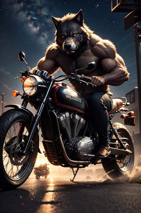 A muscular young wild black werewolf driving a big classic road motorcycle down a deserted road at night with an evil entity watching among the stars