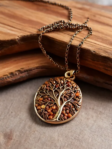 a necklace of brown beads with metallic medal carved with a tree, on a table