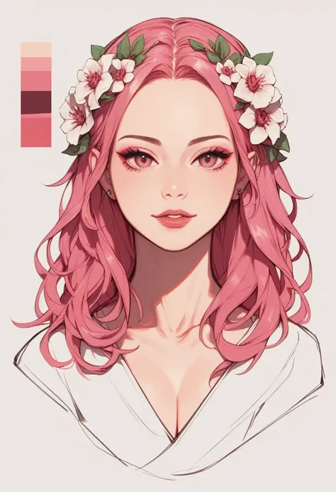 reference sheet, concept character, character design, sketch,
1 woman, big bust, Floral costumes, pink hair, bobo head, forehead, official illustration, illustration, detailed face, beautiful and complex eyes, attractive sexy), enlargement