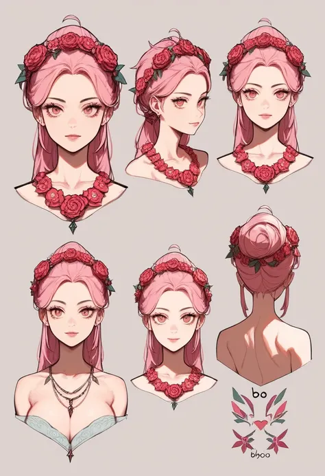 reference sheet, concept character, character design, sketch,
1 woman, big bust, Floral costumes, pink hair, bobo head, forehead, official illustration, illustration, detailed face, beautiful and complex eyes, attractive sexy), enlargement