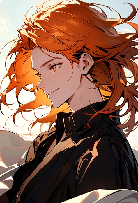 A handsome you man with messy orange hair,and golden eyes,has long eyelashes, gazing down lovingly with a smile,wearing modern clothes,the wind hitting his hair and clothes,full body,side view,3/4 view