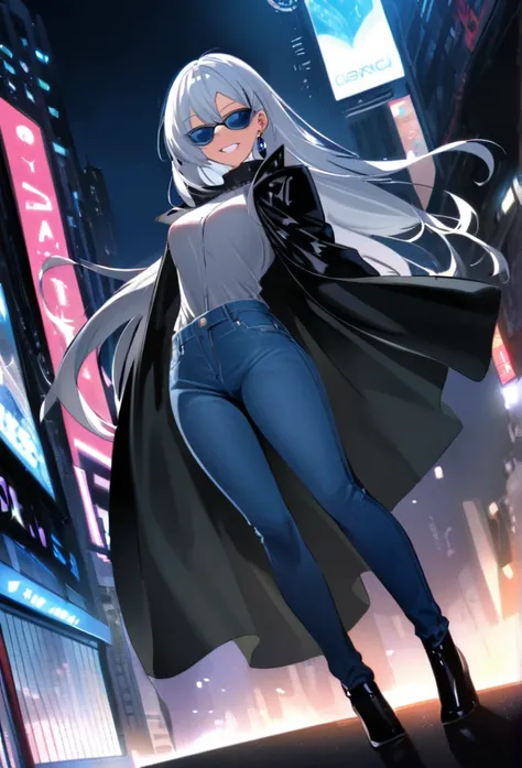 Night City、One female、bionde、Long Hair、Earrings、Black jacket、Grin、Beautiful Blue Eyes、sunglasses、cape、Hot denim pants