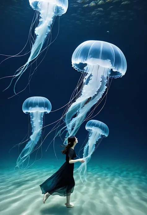 In the deep blue sea、Countless moon jellyfish drifting silently。The transparent, translucent body is a pale blue color.、The sunlight shining through the water gives it a soft glow.。Each jellyfish has a detailed pattern on its rounded cap.、As delicate and e...