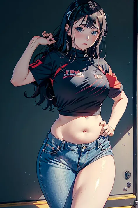 (Hinata Hinata, Very , wearing tight clothes, big, Thick legs, Wearing extremely tight jeans, wearing a mini shirt, There  leakage in the belly button, long hair, Speakers at the back, Very realista, Very, 8k, 8K  extremely detailed), (extremely delicate a...