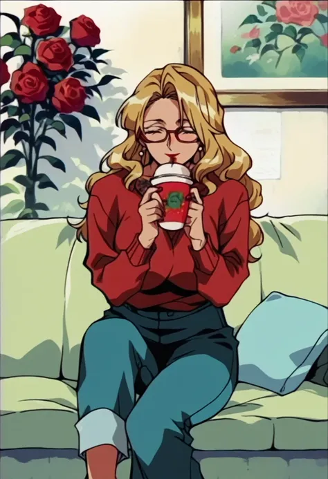 beautyful mature woman, Shion Karanomori based, blonde wavy hair, encorped body, red glasses, red lipstick, red sweater, roses tattoo, milf, sit in sofa, drinking coffee