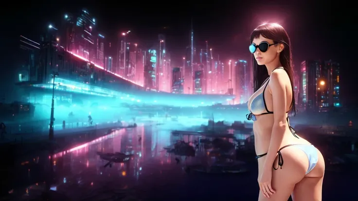 (((a medium-breast bikini slim GIRL with black micro sunglasses))), a balcony of a futuristic building, aerial view of an ultra-futuristic megalopolis, many metal buildings and houses in dark colors from dark blue to black, a cidade tem tons de cinza metal...