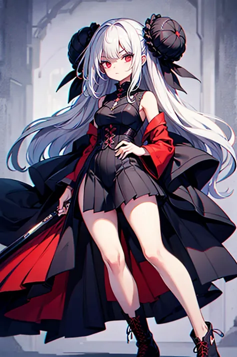 Girl, 20 years old, with long white hair down to below her waist, a serious yet tender expression, and red eyes. Her hair features black streaks. She wears antique-style clothing, a long black dress with a slit on the legs, and high black boots that almost...