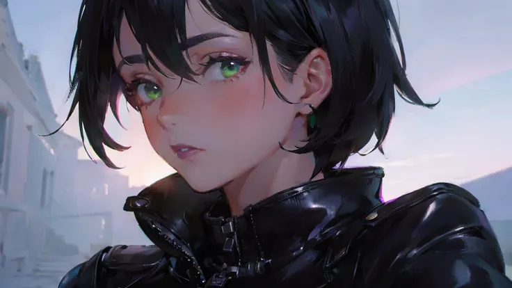 close-up shot of a woman, very short black hair, green eyes, dark eyelushes, purple lipstick, black leather jacket, iper-realistic, masterpiece, cinematic lighting, best quality, anatomically perfect