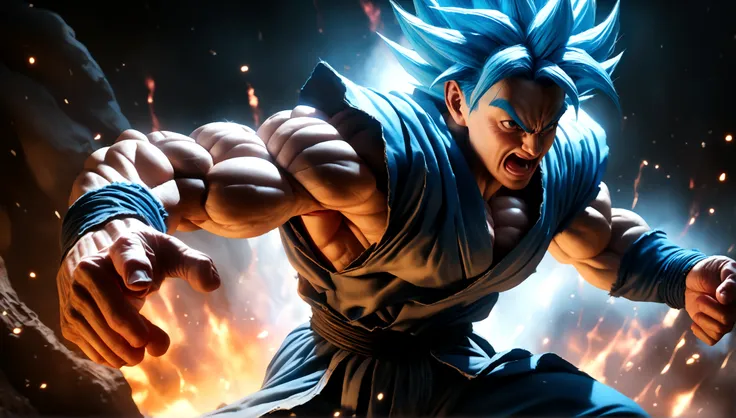 a highly detailed digital illustration of goku in super saiyan blue form, angry expression, muscular build, dynamic pose, glowing aura, dramatic lighting, cinematic composition, hyper realistic, 8k, photo-realistic, masterpiece, cinematic lighting