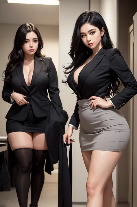 Create an image with the following characteristics Woman 23 years old wavy black hair down to the hips Brazilian body big ass wide hips big thighs thin waist and big breasts height 165, dressed in a suit to go to the meeting.
Brazilian