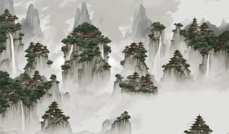 arafed image of a mountain with a pagoda and a waterfall, floating lands in-clouds, onmyoji detailed art, floating mountains, te...