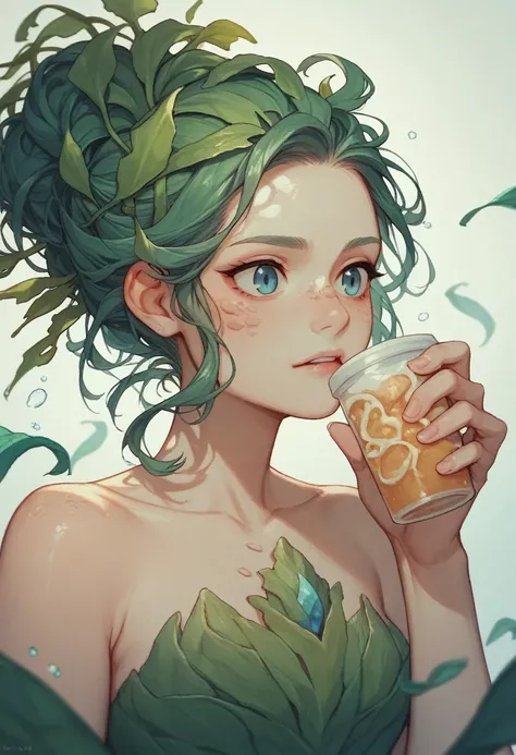 Dive into the depths of imagination with a stunning portrait of a sea nymph, adorned with shimmering scales and cascading locks of seaweed hair, highly detailed, HD resolution, icecream Cup 