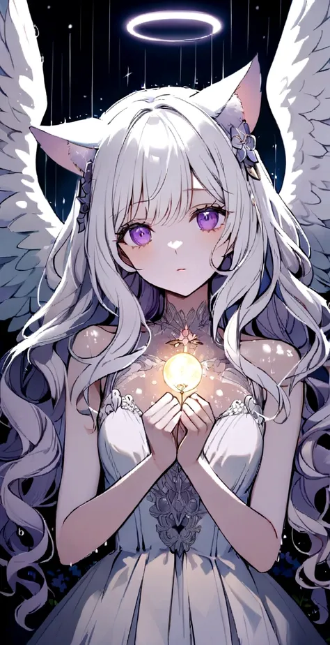 look at me,Face is close,Long Wavy Hair,White hair is very attractive, Detailed and precise manual work, Attractive girl, White cat ears,Purple eyes and white eyelashes,light in your eyes,Big angel wings,A subject that stands out against the dark night sky...