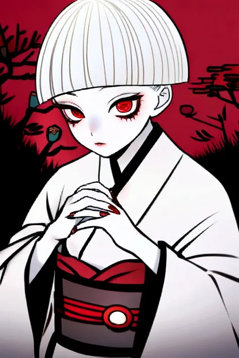 A kimetsu no yaiba character, she is an ADULT demon with red eyes and WHITE SHORT HAIR, PIXIE CUT, pale skin, her hands are stained with black and she has red long nails, and wears a kimono