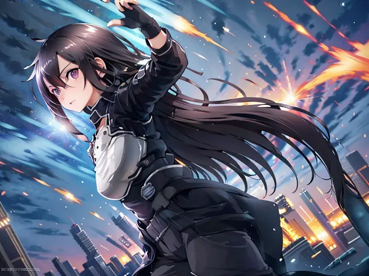 1 girl, cowboy shot, beautiful kirito_gmos, long hair, black hair, black eyes, on open air, kirito_suit, night,city , volumetric...