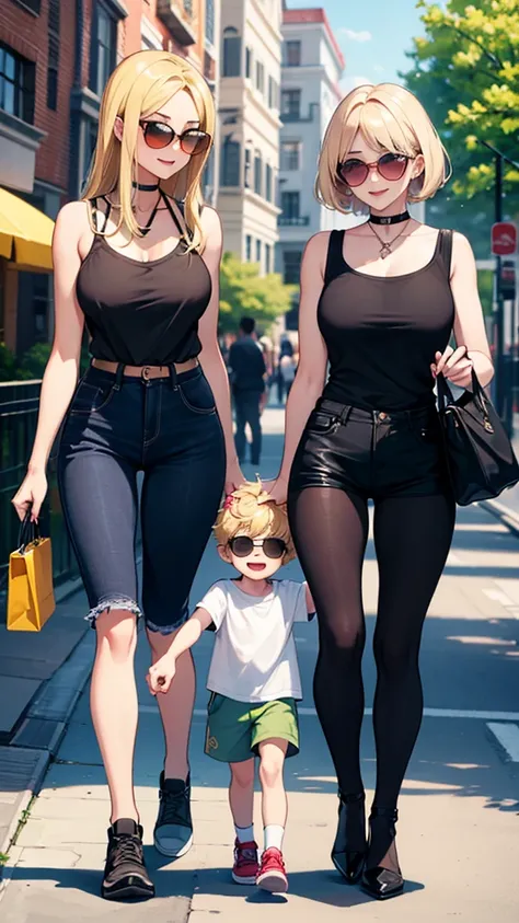 two sexy women walking and  looking down at 4 years old boy with blonde hair and shorts, women touch boys head, women have flirtatious smiles, women have various hair colors, boy has sunglasses, ultra hd