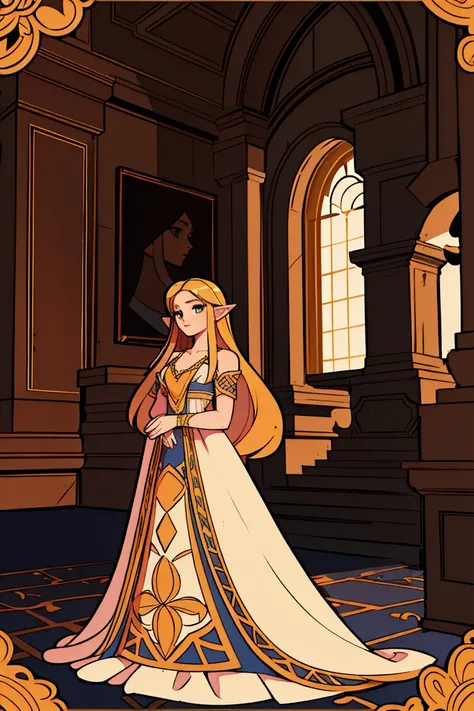 Stand in front of the photo, (portrait),a beautiful princess zelda, detailed intricate dress, detailed face, detailed eyes, detailed lips, long flowing hair, serene expression, (background) in a magnificent castle interior
