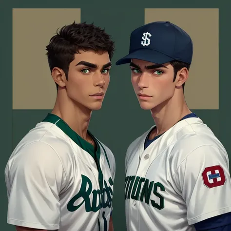 baseball man, thirty years, 1.88 tall, athletic build, well defined muscles, slightly tanned skin, symmetrical and attractive face, green eyes, dark and thick eyebrows, short dark brown hair, slightly disheveled, strong and well defined jaw, slight dimples...