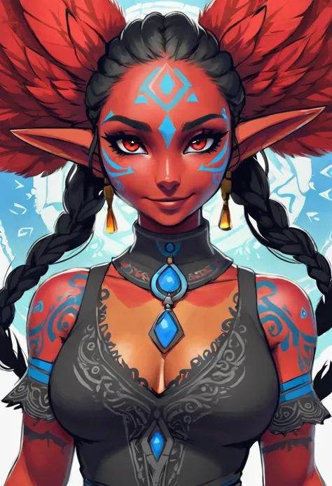 Create an illustrated, hand-drawn, full-color masterpiece with warm lighting and shadows. Incorporate graphite shading, stencil marks, and airbrushed acrylic paint in the style of "Breath of the Wild." The image should feature a beautiful goblin woman with...