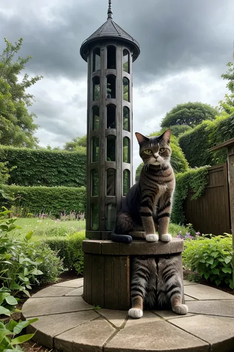 Generate a cat sitting on wodden tower, in big garden, cloudy weather.