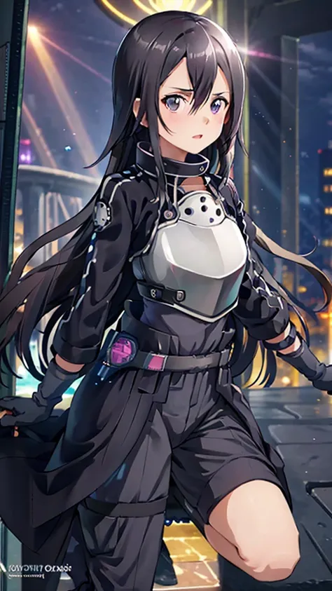 1 girl, cowboy shot, beautiful kirito_gmos, long hair, black hair, black eyes, on open air, kirito_suit, night,city , volumetric...