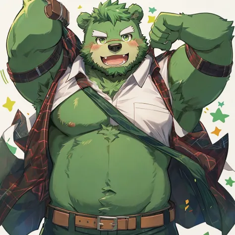 anthro, kemono, male,  (((green bear))), (((green fur))), green hair, beard, white eyebrows, roll up shirt with his mouth, sexy, blush, wink, simple background, victory poses,